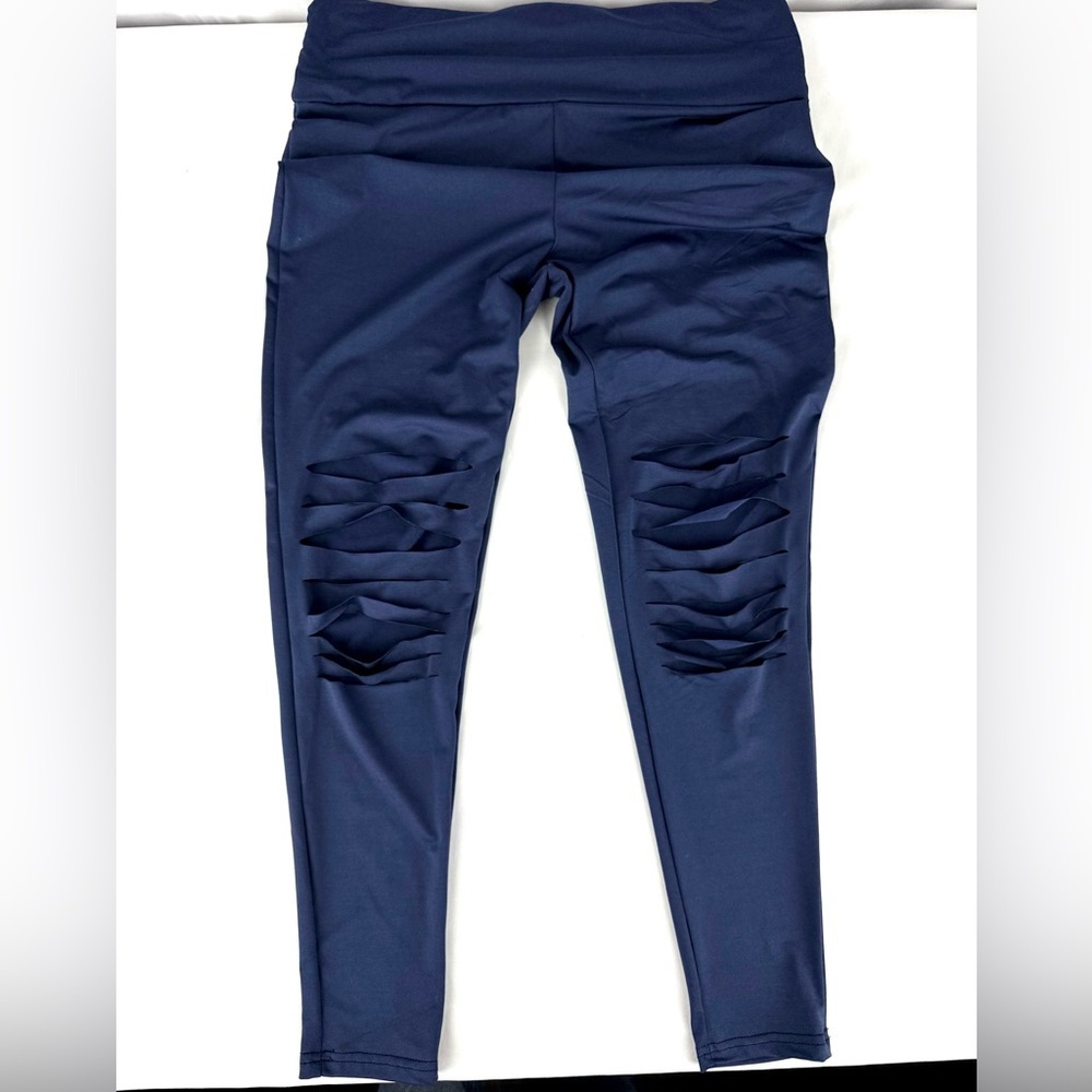 Plus Size Navy Blue Pull On Distressed Leggings